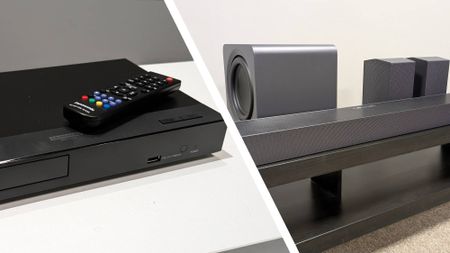 Panasonic Blu-Ray player and Samsung soundbar side-by-side