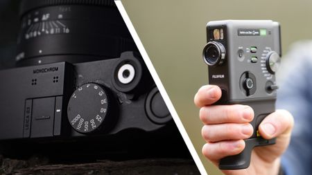 Photo diptic: The top plate of the Leica Q3 Monochrom (left) and Fujifilm Instax Mini Evo Cinema in the hand (right)