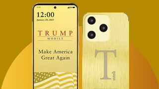 The Trump Mobile T1 phone on a yellow background