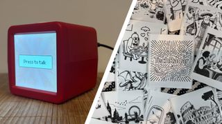 The Stickerbox device next to an image of custom stickers laying on a surface